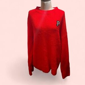 Red Knit‎ Sweater Letter Patch Cozy Pullover Crew Neck